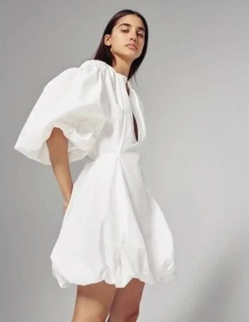 BASSIKE White Gathered Cotton Poplin Mini Balloon Hem Sleeve